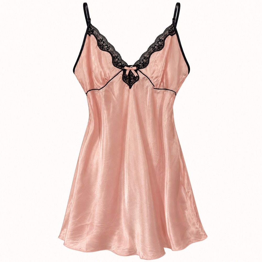 ND Intimates Chemise M Pink Satin Black Lace Tie Back Nightgown Coquette